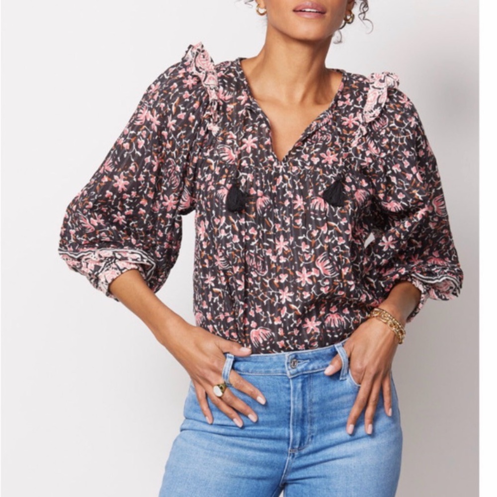 Cleobella Floral Tassle‎ Blouse - Black and Pink Size L